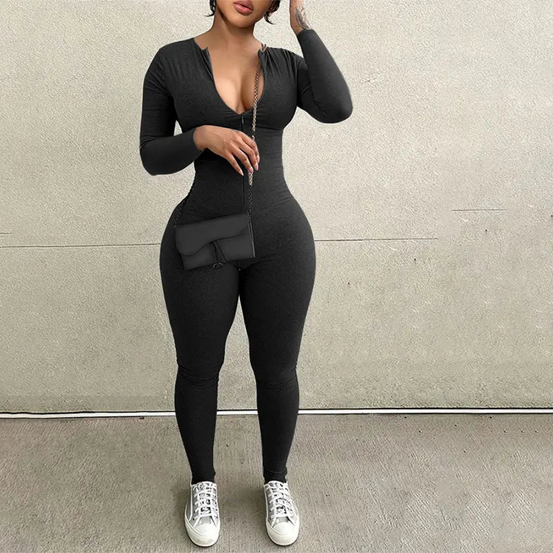 Women's Jumpsuits Autumn New Long Sleeve Bodycon Fashion Zippers Sexy Grey Rompers Casual Streetwear Fitness Sports Yoga Overall