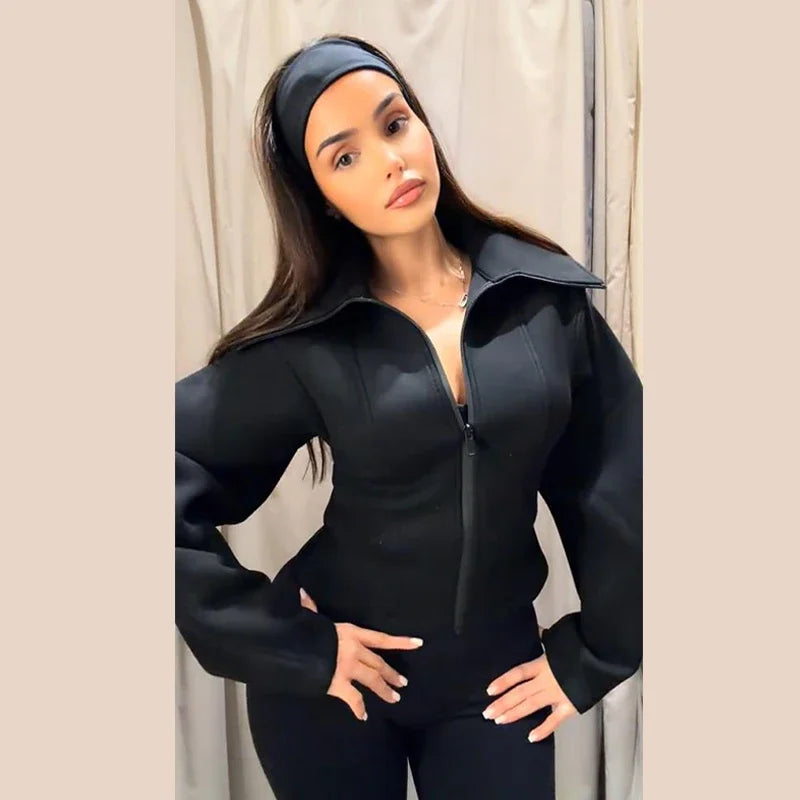 Women Coat Neoprene Jacket Black Long Sleeve Zip-Up Collared Fitted Top Casual Outerwear Spring New Woman Clothes Daily Outfit