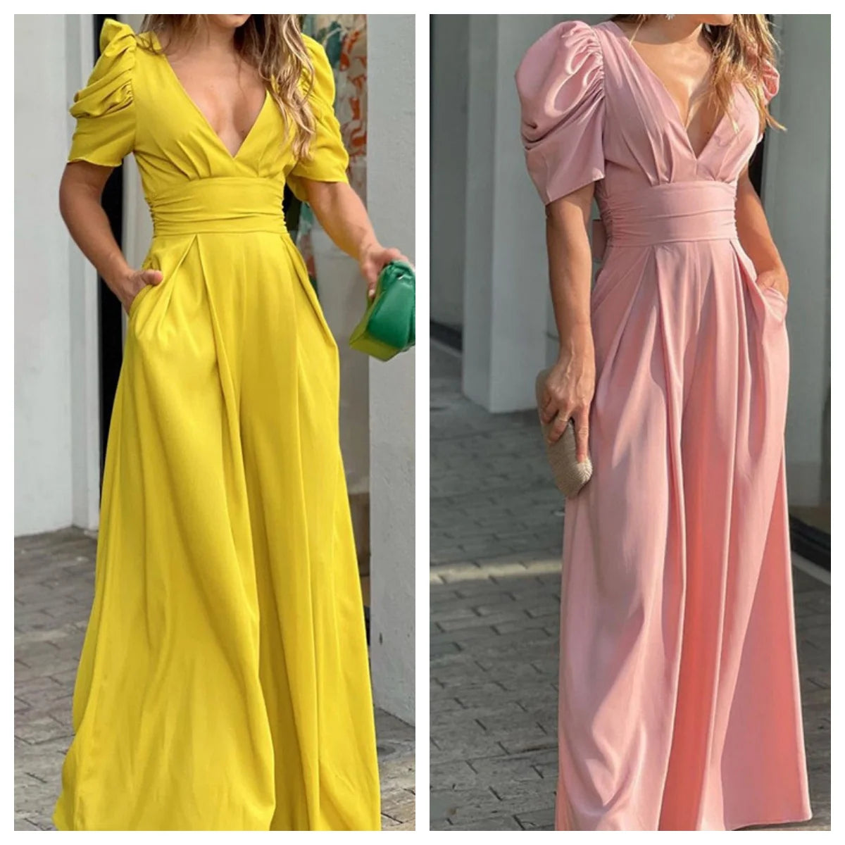 Casual Elegant Women's Summer Trendy Deep V-Neck Puff Sleeve Hollow Backless High Waist Jumpsuit Sexy Slim Pearl Button Belt