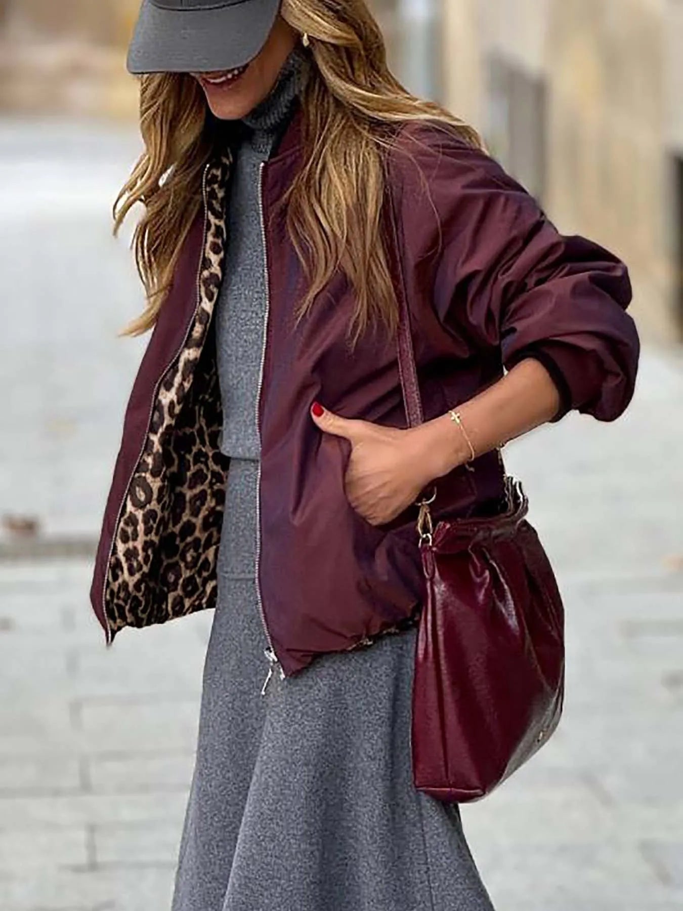 Beautiful reversible women's jacket, baseball collar with side pockets and zippered placket, women's leopard print jacket 766