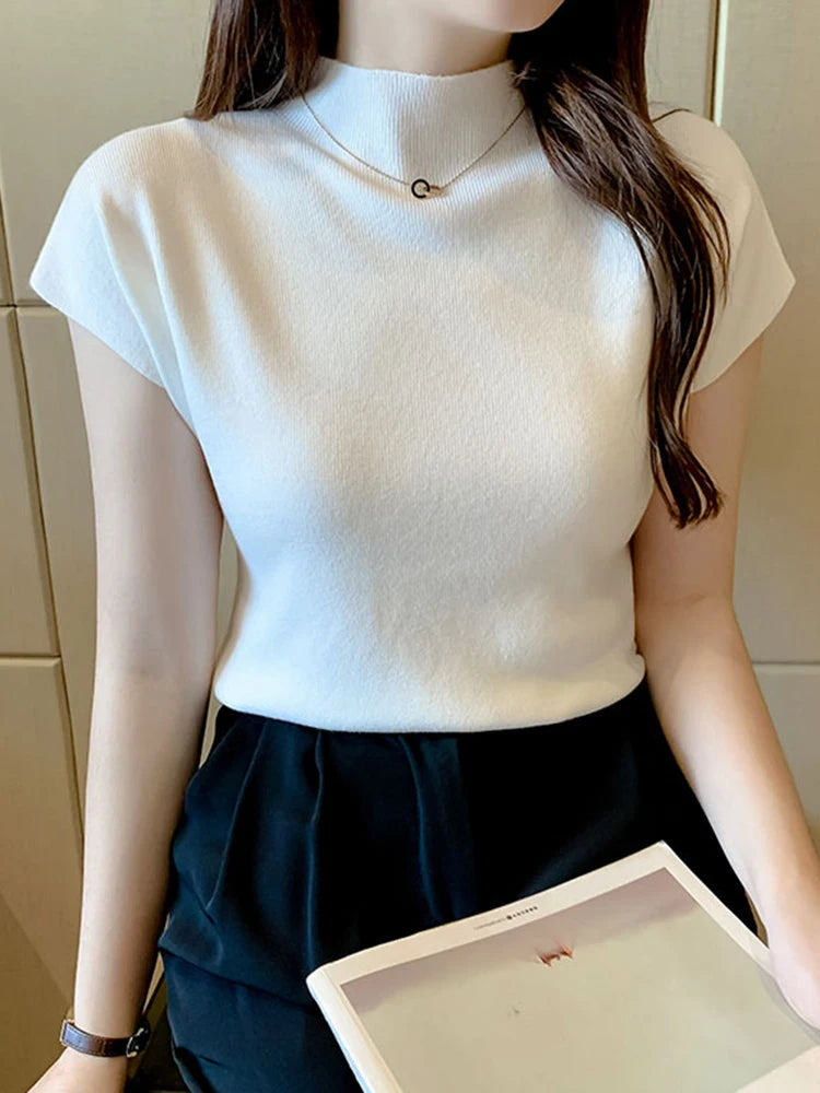 2025 Women Summer Knitted Turtleneck Sleeveless T-Shirts Tops Solid Slim Fit Pullovers Causal Tees Female Streetwear Basics Tees