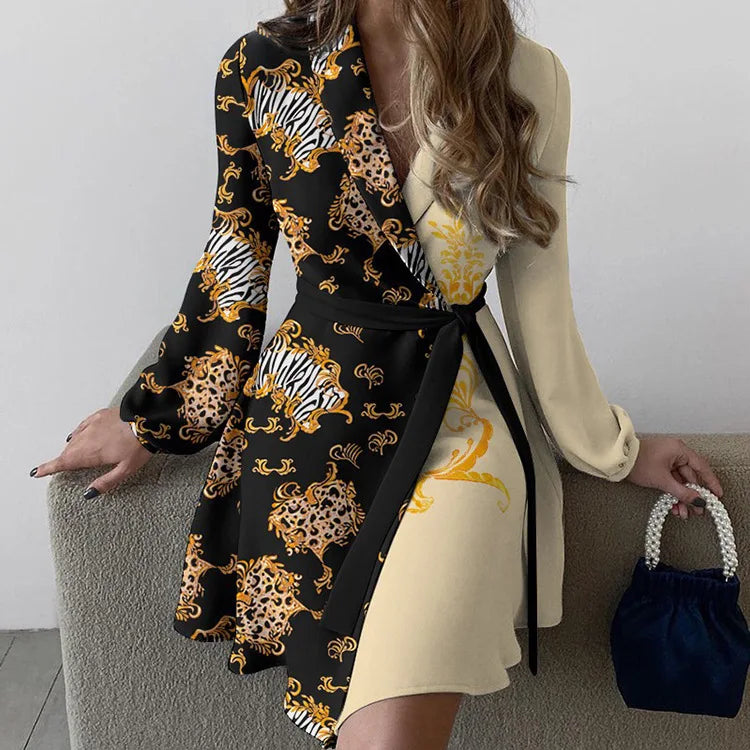 Dress Women Summer Europe United States Fashion Temperament Printed long-sleeve Waist Lace Dresses Casual Vestidos