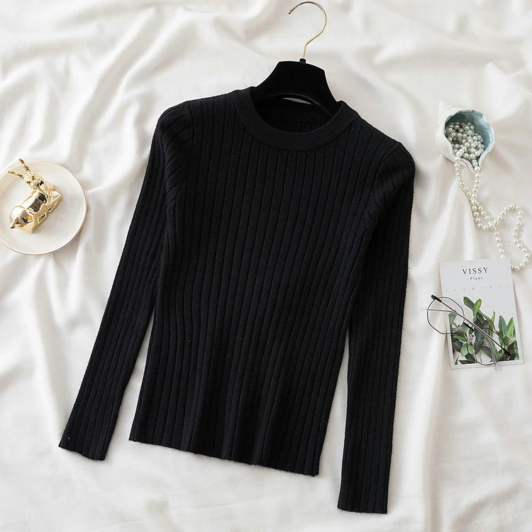 Women Pullovers Sweaters Knit Soft Jumper tops New Autumn Winter Tops O-Neck Ribbed Long Sleeve Korean Slim-fit Female Sweater