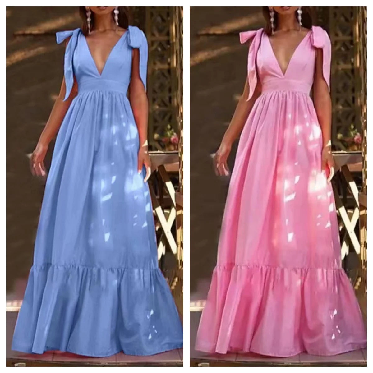 Sexy Summer Women V-Neck Sling Backless Dress Elegant Hollow Out BowKnot Long Party Dress Fashion Femme Dot Maxi Dres