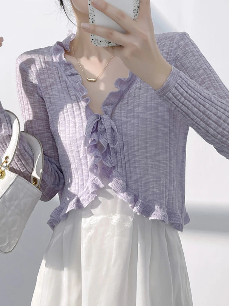 Lace Trim One Button Long Sleeve Crop Top Women Short Sleeve Open Front Ribbed Knit Cardigan Sweater Summer Fairycore Outfit