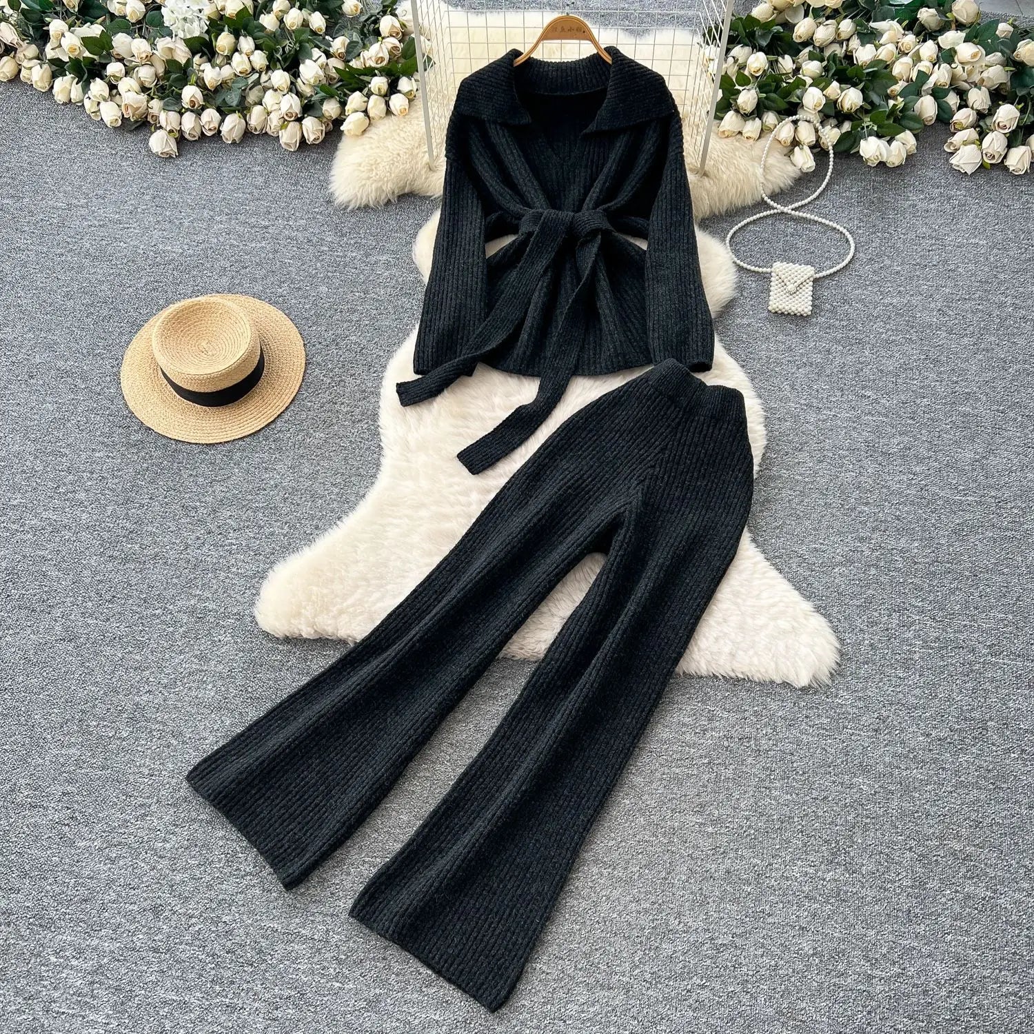 Two Piece Pant Sets Knit Women Sweaters Lace Up Turn Down Collar Solid Wide Leg Pants Splice Casual Suits Slight Strech