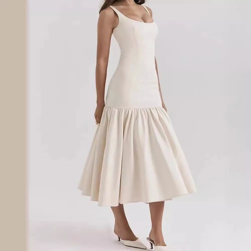 Elegant Ruffles Spliced Suspenders Long Dress Women Slim Square Collar Sleeveless Vestidos Summer Fashion Female Party Robe