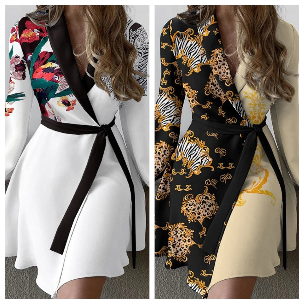 Dress Women Summer Europe United States Fashion Temperament Printed long-sleeve Waist Lace Dresses Casual Vestidos