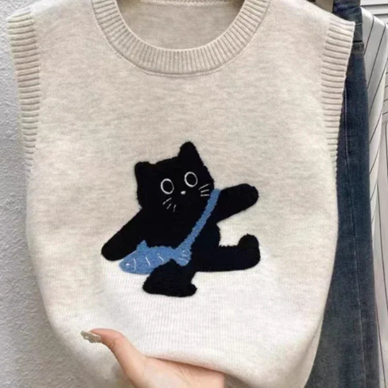 AOSSVIAO 2025 Women Knitted Tank Top Summer Fall Cartoon Sweater Short O Neck Sleeveless Solid Spring Sweaters Pullovers