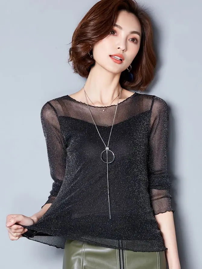 2025 Glitter Mesh Blouse Sexy Womens Shirts Long Sleeve Tops Korean Black Pink O-Neck Elegant Slim Blouse Camisas Femininas