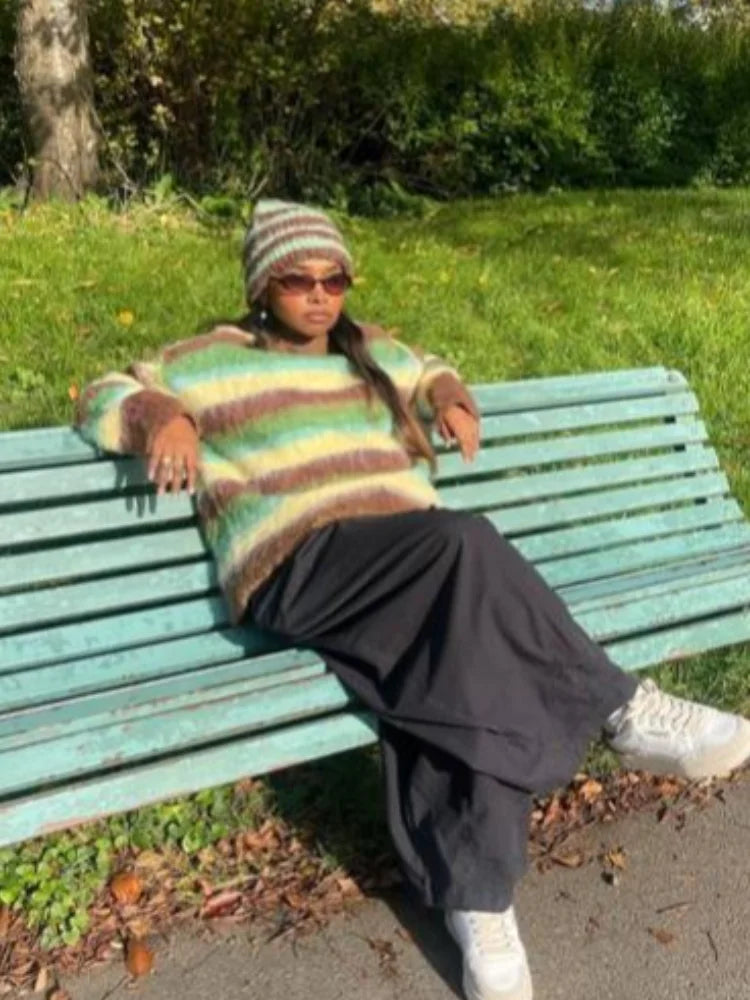 Fashionable Colorful Striped Sweater Chic Casual 2025 Autumn Winter Outfit Loose Round Neck Warm Knit Sweaters Maillard Style