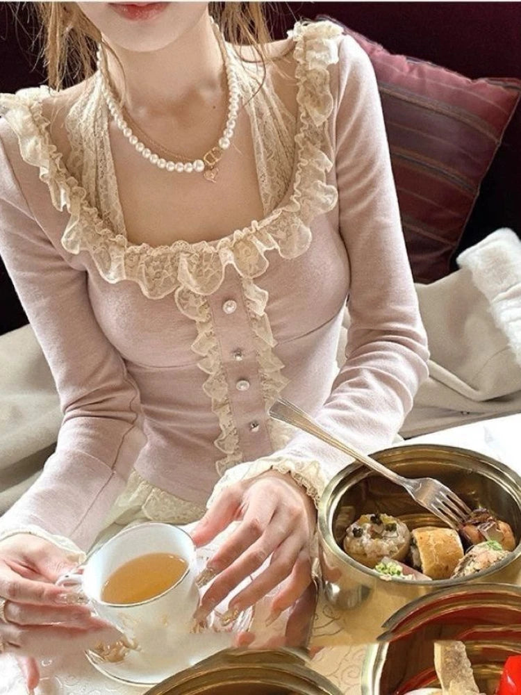 Japanese Sweet Lace Patchwork Blouses Women Long Sleeve Elegant Chic Bow Off Shoulder Tops New Cute Pretty Slim Lace Up Clothing