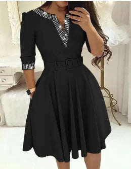 Autumn And Winter Temperament Elegant Waist Closed Hot Drill Medium Long Sleeve Solid Color Big Swing V-neck Dress With Belt
