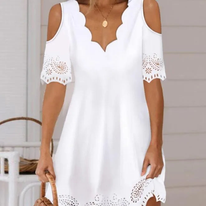 European And American Women's Lace V-neck Short-sleeved Solid Color Dress