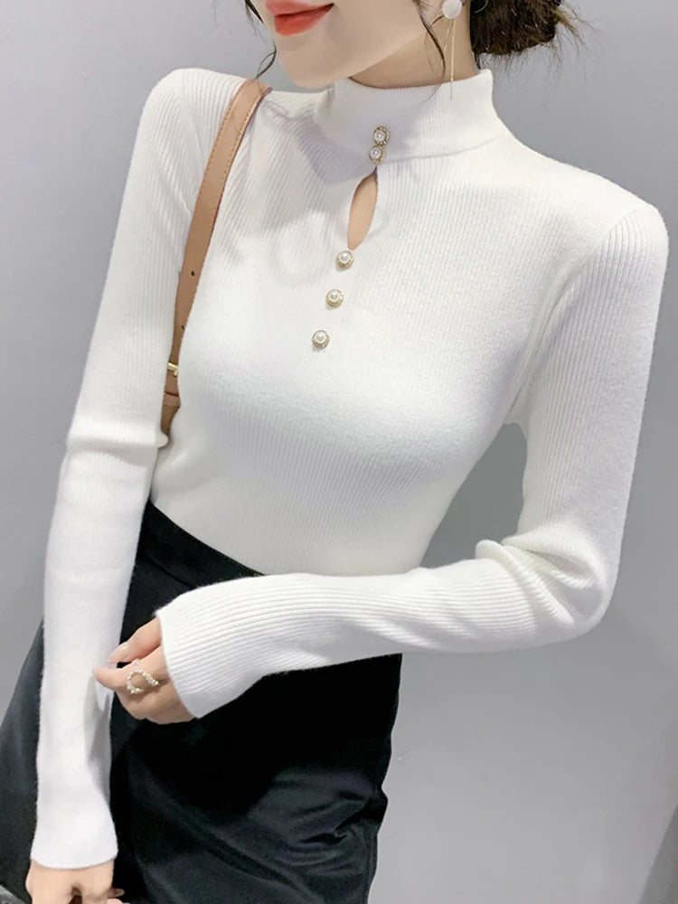 Autumn Winter Pullovers Women Hollow-out Sweaters Long Sleeve Half High Collar Sweater Female Slim Korean Knitwears Tops 2025