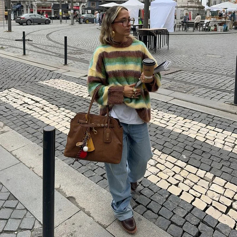 Fashionable Colorful Striped Sweater Chic Casual 2025 Autumn Winter Outfit Loose Round Neck Warm Knit Sweaters Maillard Style