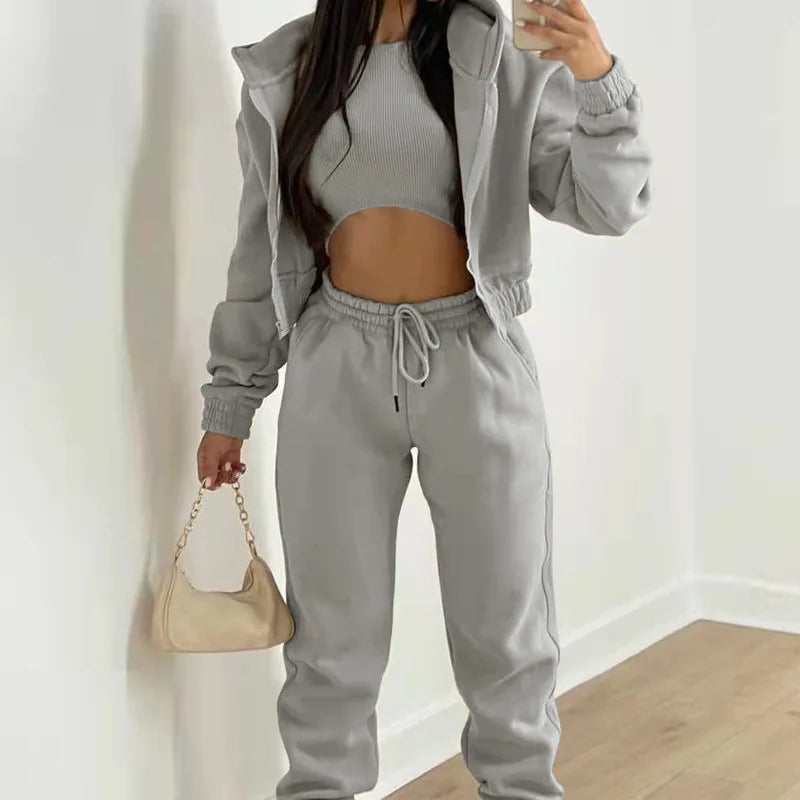 Women 3 Piece Sets Casual Long Sleeve Zip Hoodies+Ribbed Tank+High Waist Sweatpants Jogger Pant Suits Sporty Three Pieces Outfit
