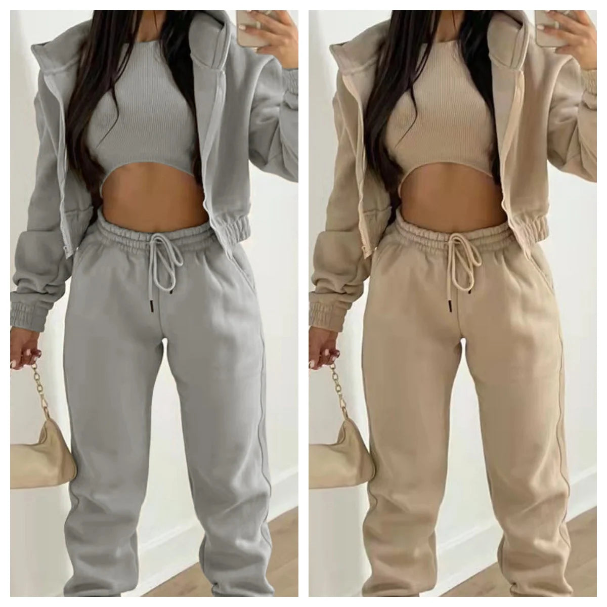 Women 3 Piece Sets Casual Long Sleeve Zip Hoodies+Ribbed Tank+High Waist Sweatpants Jogger Pant Suits Sporty Three Pieces Outfit