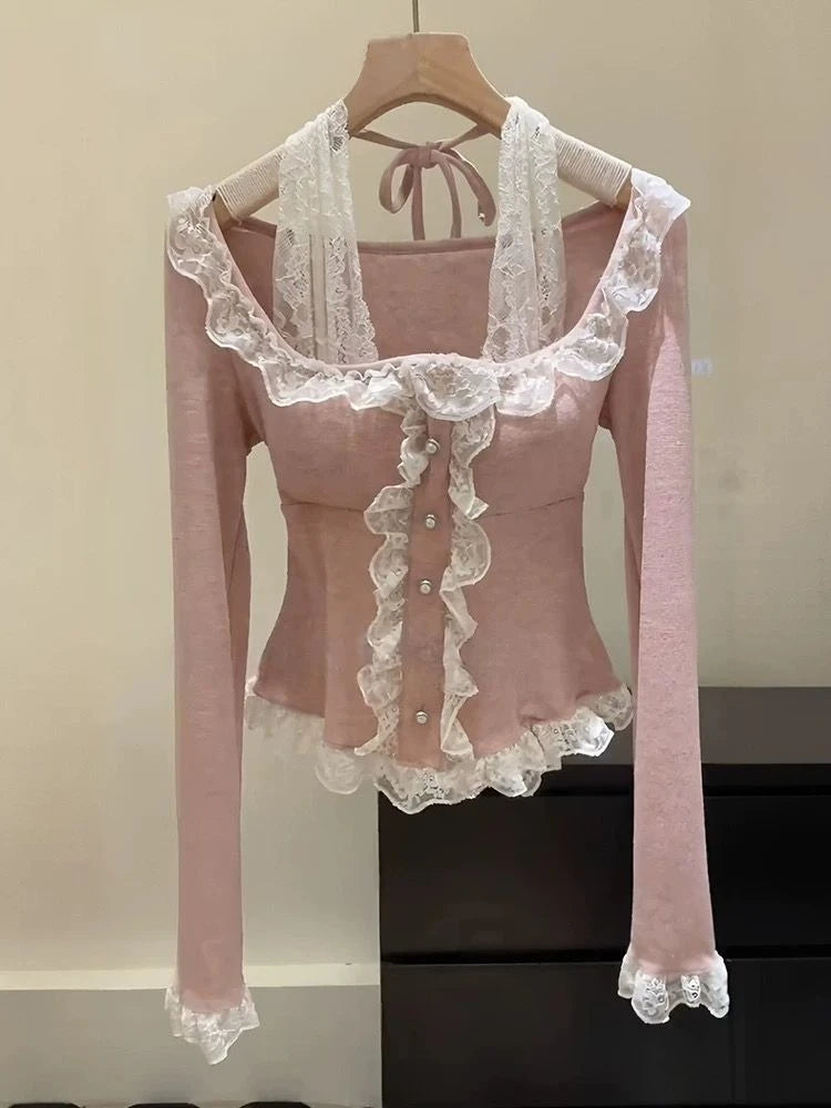 Japanese Sweet Lace Patchwork Blouses Women Long Sleeve Elegant Chic Bow Off Shoulder Tops New Cute Pretty Slim Lace Up Clothing