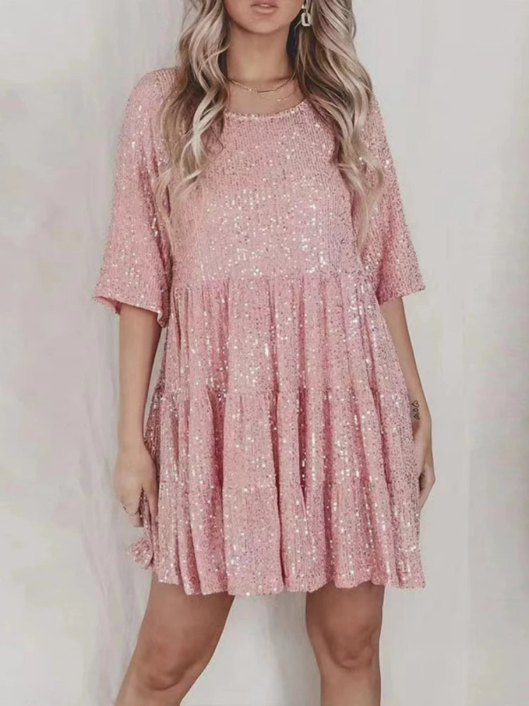 Elegant Fashion Sequins Round Neck Loose Short-sleeved Dress Dinner Dress Plus-size Women's Clothing