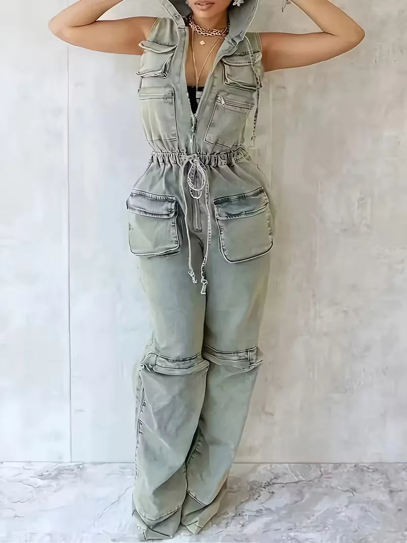 Women'S Vintage Denim Overalls Jumpsuit - Stretchy V-Neck Hoodie with Zipper Pocket, Drawstring Waist & Palazzo Hem, Sleeveless