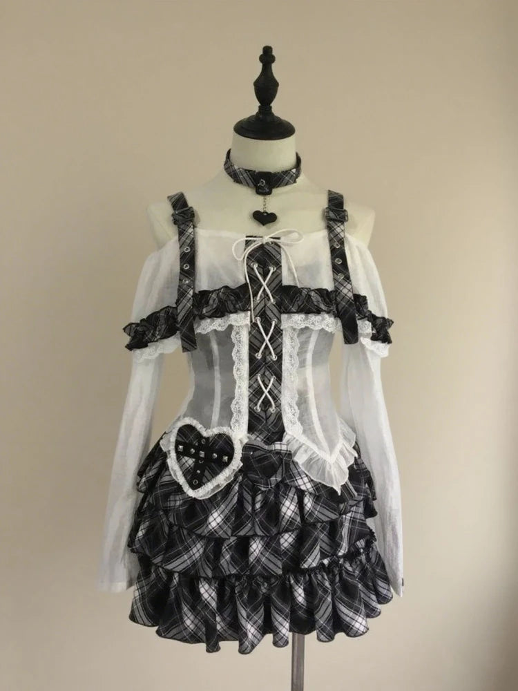 Japanese Punk Sweet Two Piece Sets Women's One-shoulder Lace Blouse + Plaid Cake Skirt New Vintage Fashion Harajuku Y2k Outfits