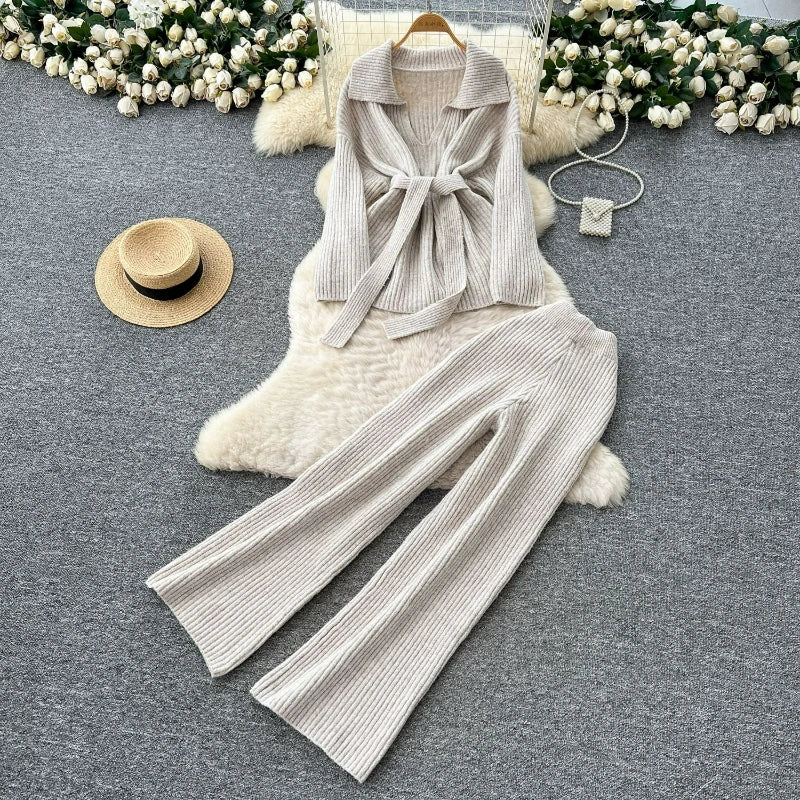 Two Piece Pant Sets Knit Women Sweaters Lace Up Turn Down Collar Solid Wide Leg Pants Splice Casual Suits Slight Strech