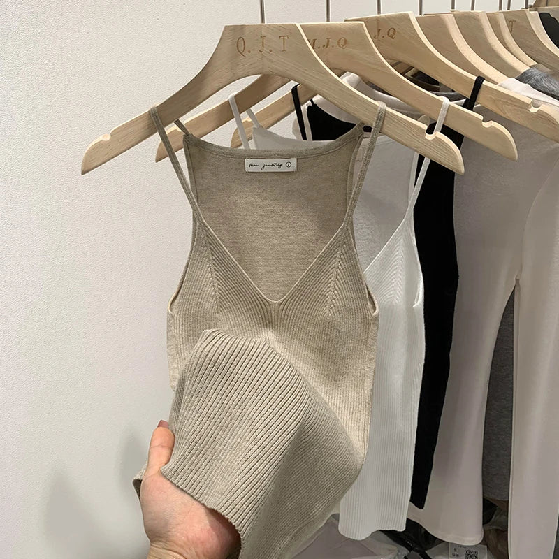 2025 Women Summer Style Sleeveless Vest Solid Color Slim Fit V Neck Knitted Top Fashionable Versatile Base Layer Knit Tank Tops
